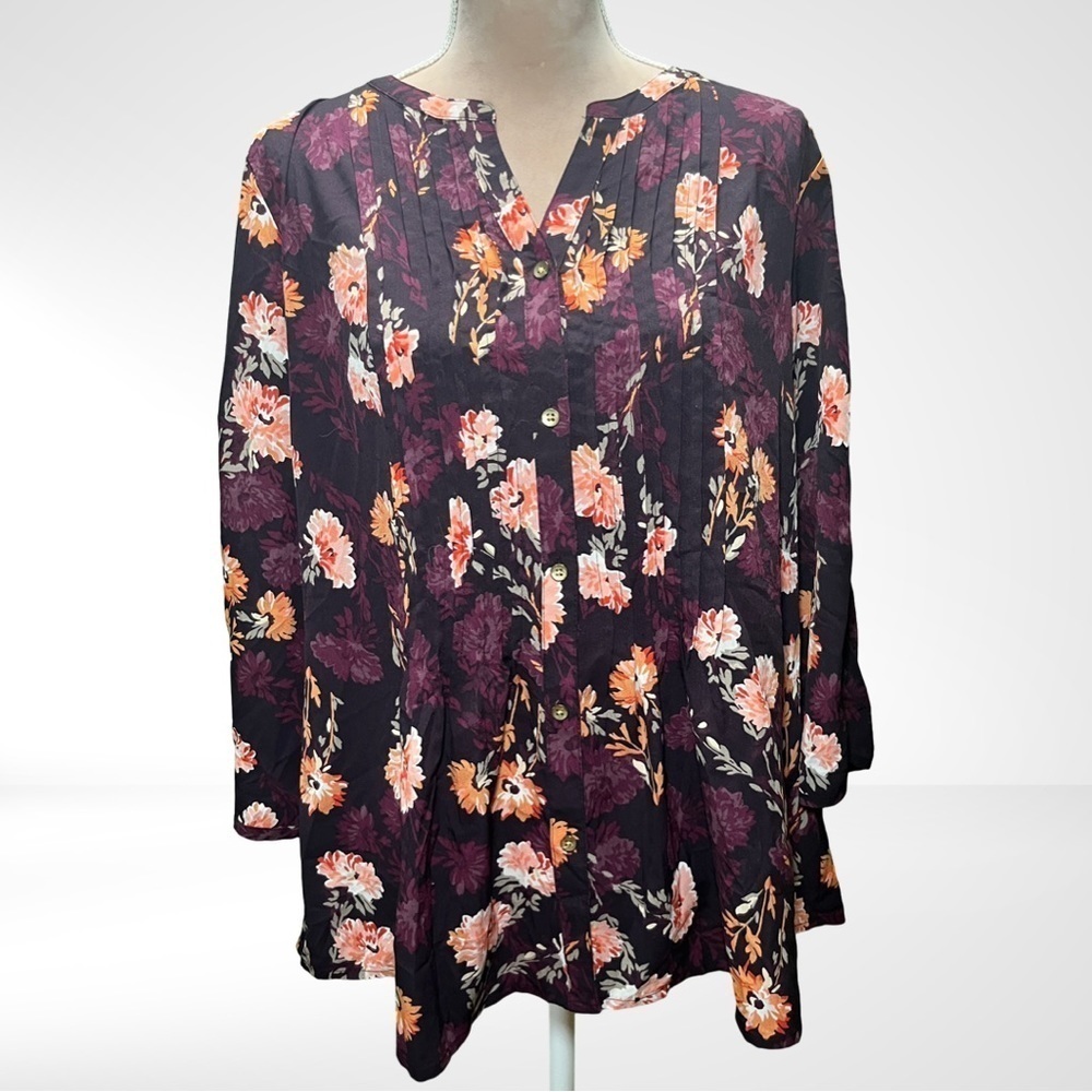 CROFT&BARROW Purple and Orange Button Down Long Sleeve Top with Pleating…